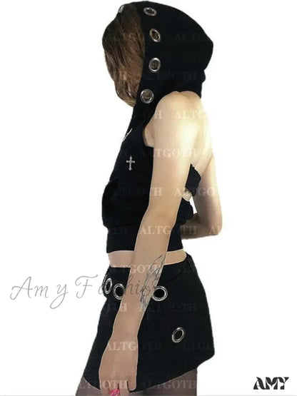 Dark Hooded Vest Grunge Alt Gothic Streetwear Cross Crop Top Cyberpunk