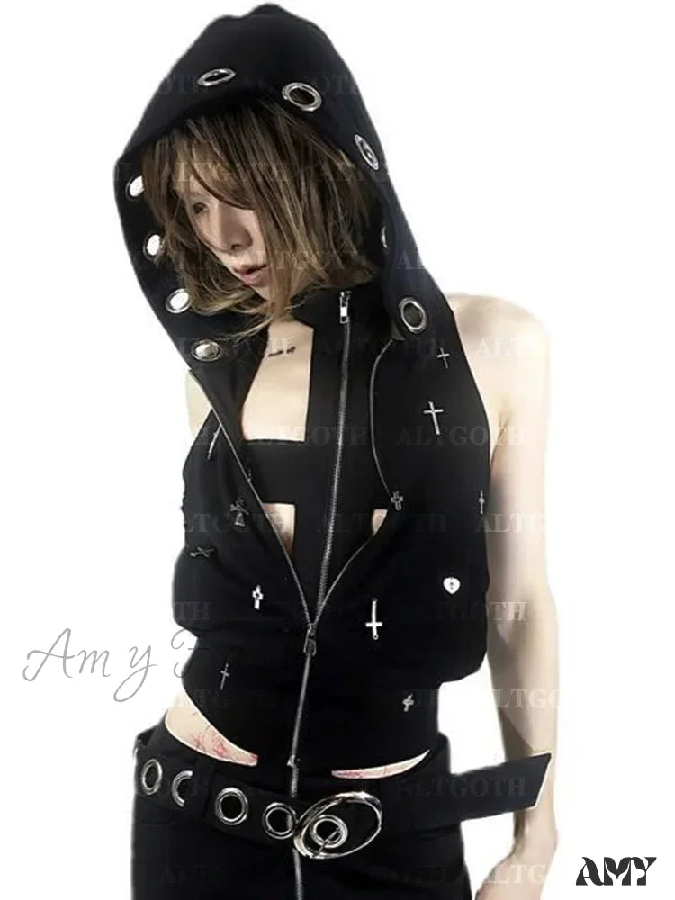 Dark Hooded Vest Grunge Alt Gothic Streetwear Cross Crop Top Cyberpunk Black / S