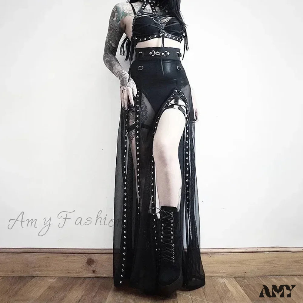 Dark Side Up Aesthetical Mesh Slit Goth Lace Perspective Summer Skirt