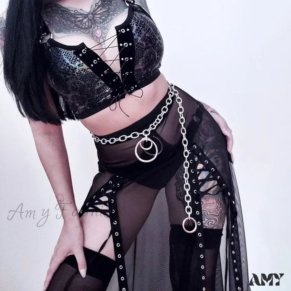 Dark Side Up Aesthetical Mesh Slit Goth Lace Perspective Summer Skirt