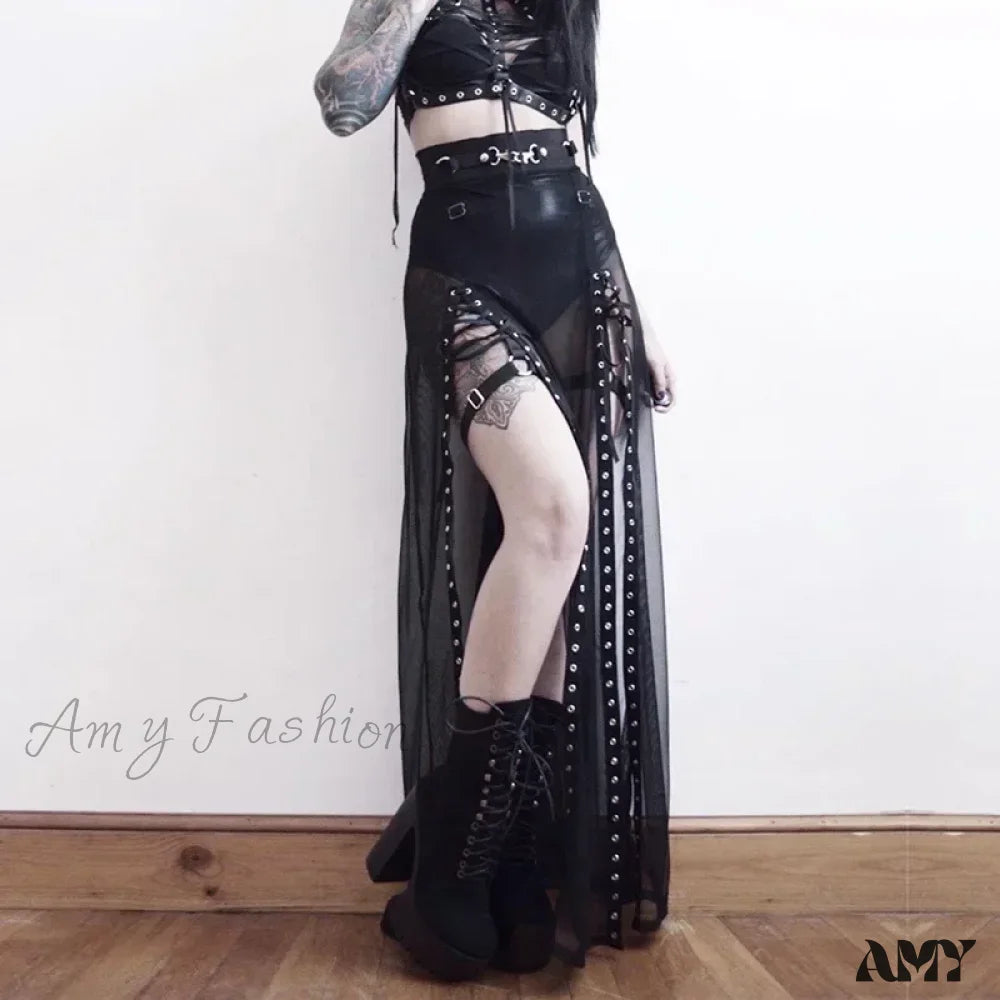 Dark Side Up Aesthetical Mesh Slit Goth Lace Perspective Summer Skirt