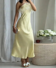 Feather Strapless Satin Yellow Midi Dress