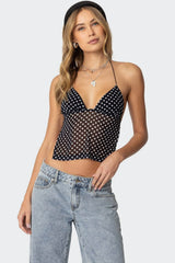 Polka Dot Backless Halter Slim Blouse