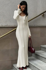 U Neck Long Sleeve Knit Work Dress