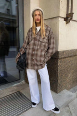 Vintage American Plaid Double-Pocket Mid-Length Blouse