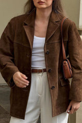 Retro Brown Faux Suede Blazer Jacket