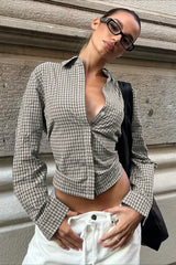 Plaid Tie-Waist Long-Sleeve Blouse