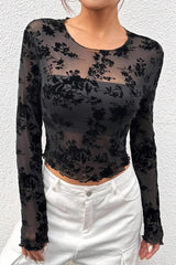 Black Mesh Crewneck Long-Sleeve Sexy Blouse