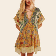 Flowy Print Deep V Neck Ruffle Boho Dress