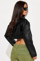 Slim Crop Zip Printed Panel Leather Jacket