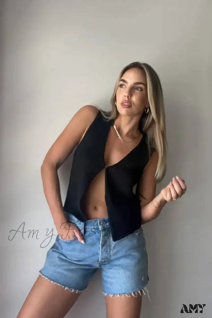 Deep V Sexy Summer New Sleeveless Knitted Simple Street Crop Top Black / S