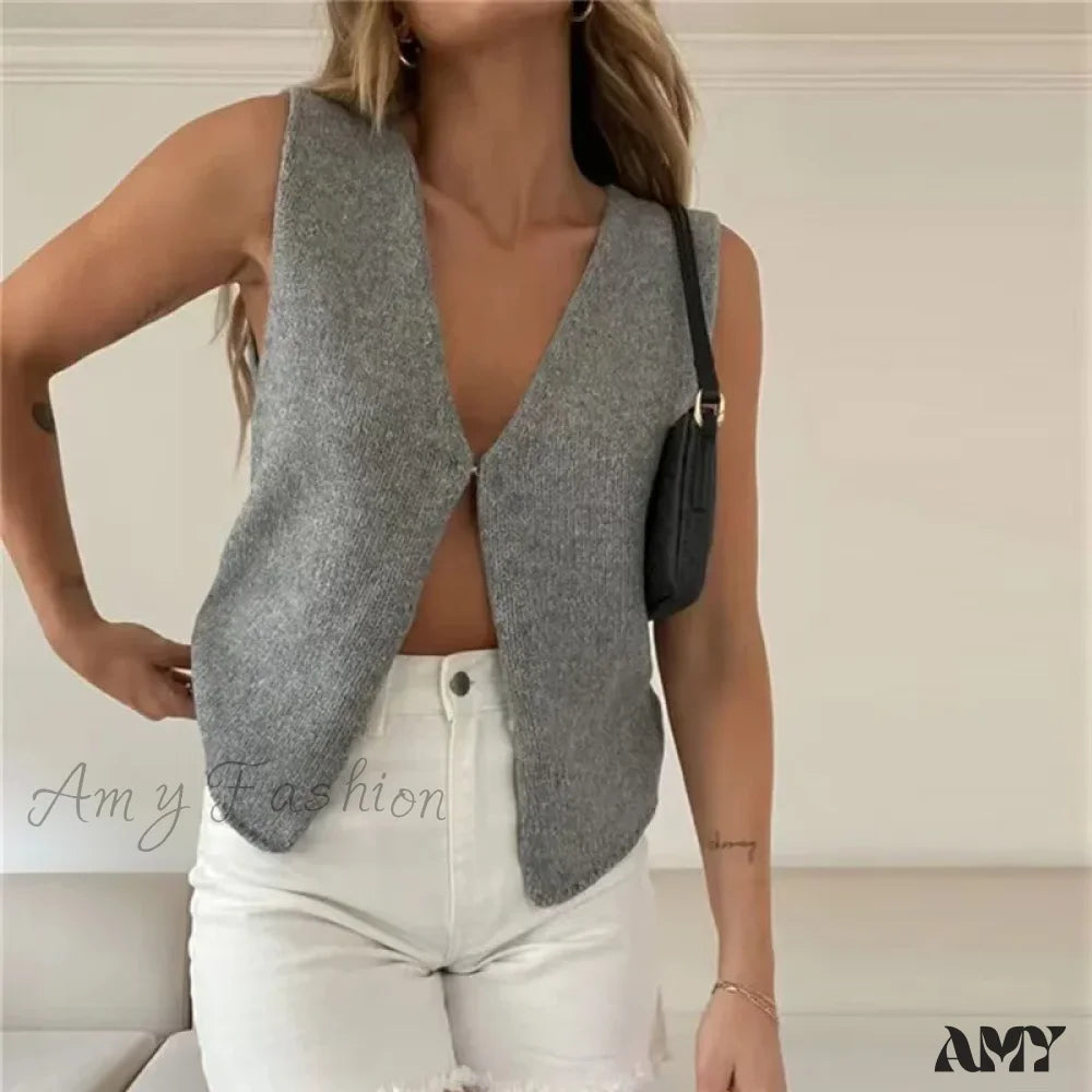 Deep V Sexy Summer New Sleeveless Knitted Simple Street Crop Top Gray / S