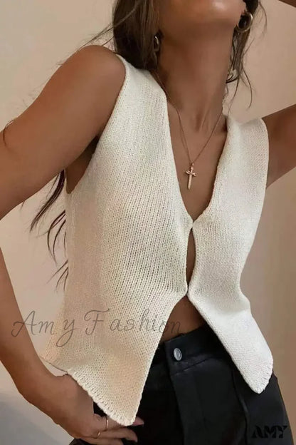 Deep V Sexy Summer New Sleeveless Knitted Simple Street Crop Top White / S