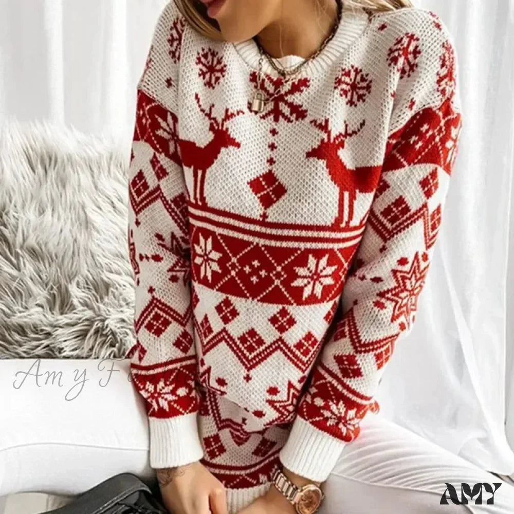 Deer Print Casual Loose Long Sleeve O Neck Christmas Sweater