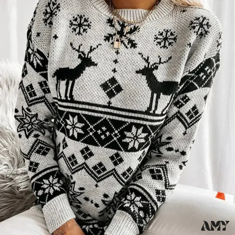 Deer Print Casual Loose Long Sleeve O Neck Christmas Sweater