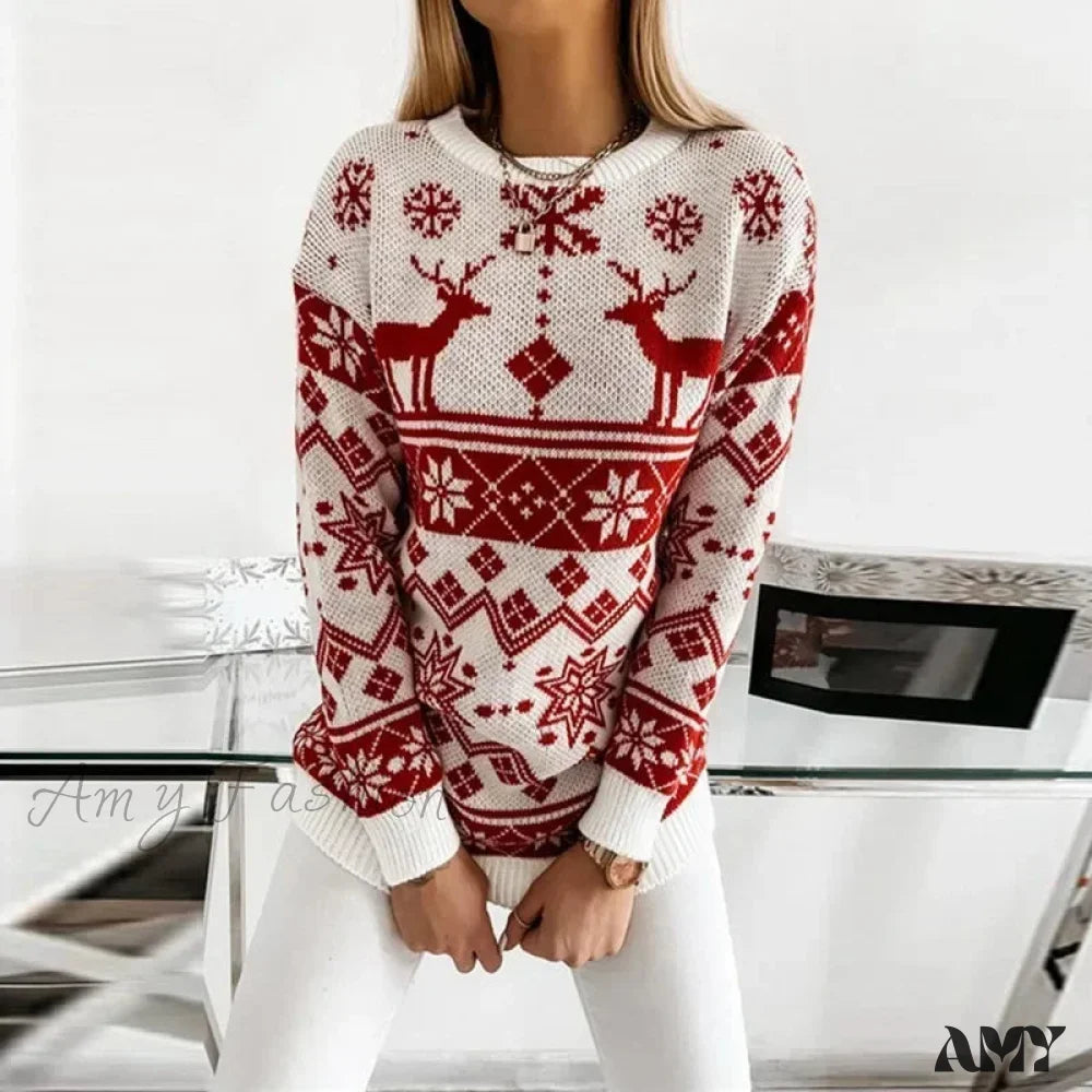 Deer Print Casual Loose Long Sleeve O Neck Christmas Sweater