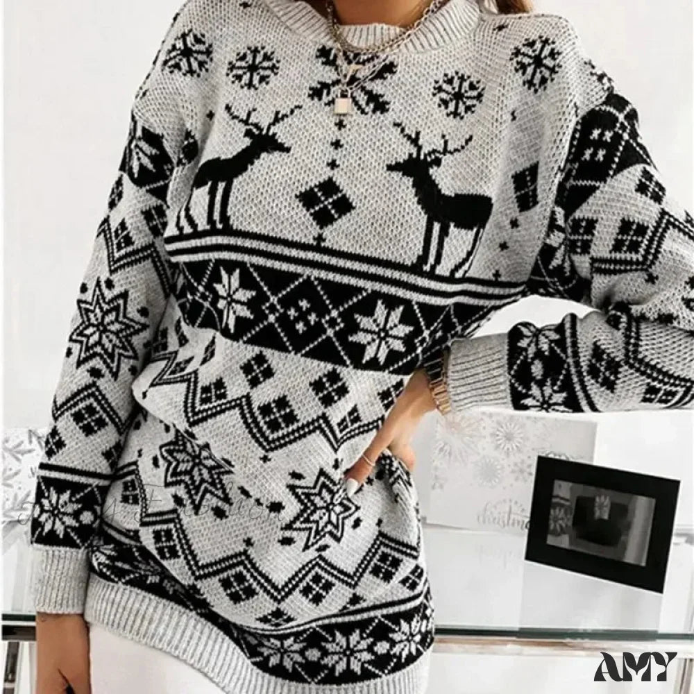 Deer Print Casual Loose Long Sleeve O Neck Christmas Sweater