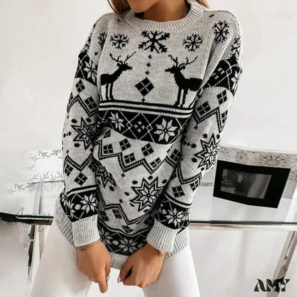 Deer Print Casual Loose Long Sleeve O Neck Christmas Sweater