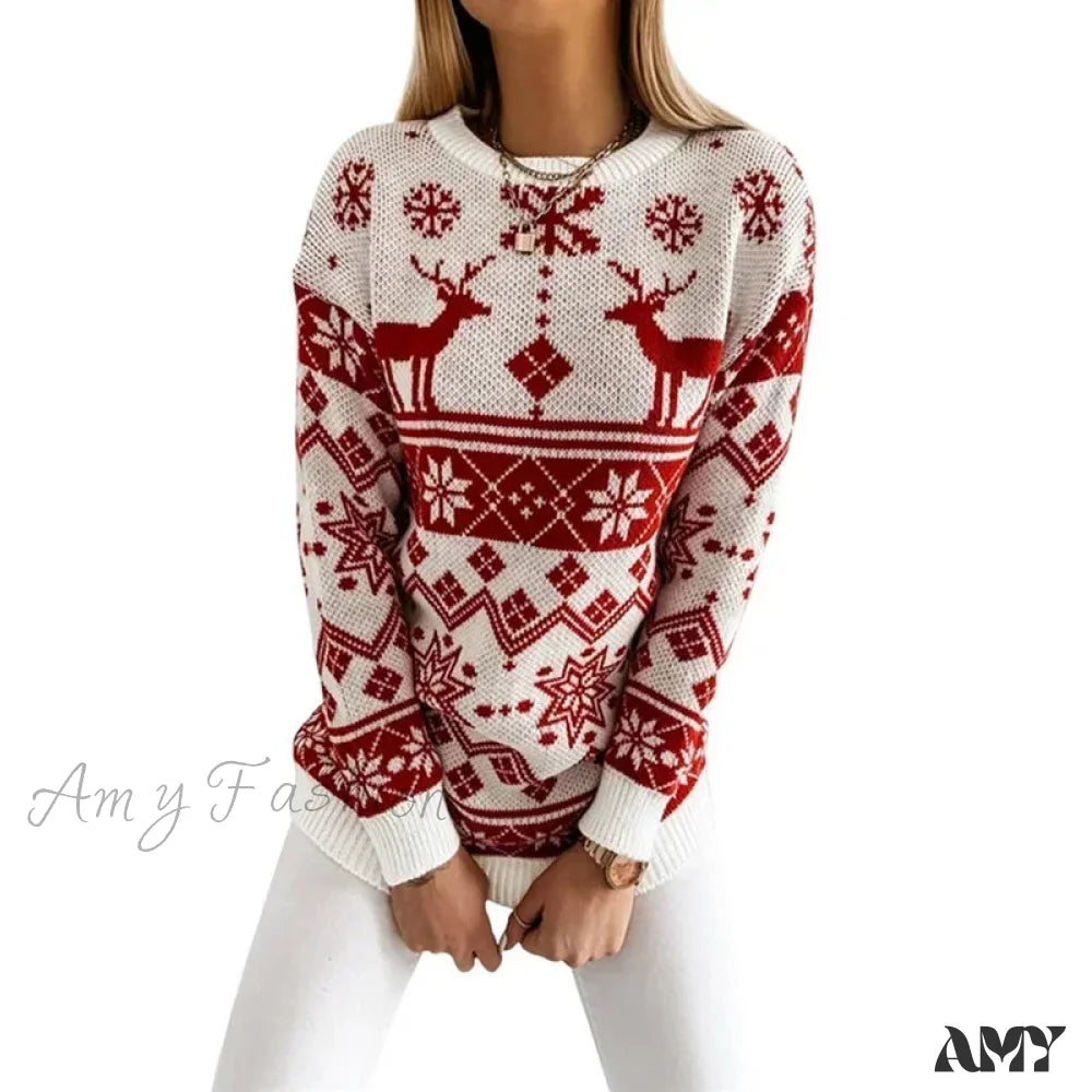 Deer Print Casual Loose Long Sleeve O Neck Christmas Sweater Red / S