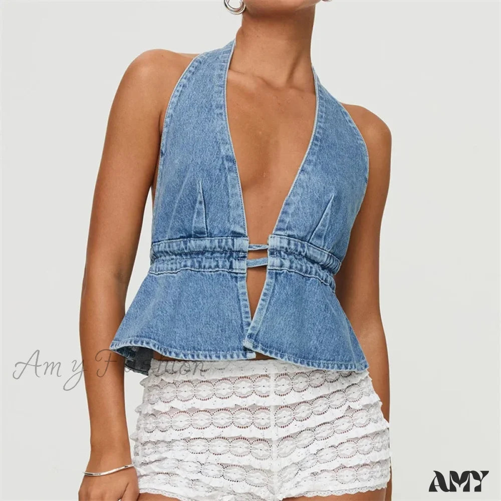 Denim Solid Color V Neck Sleeveless Backless Bandage Vest Jeans Streetwear Crop Top