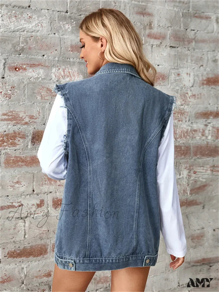 Denim Vest Autumn Washed Sleeveless Waistcoat Casual Baggy Jean Jacket