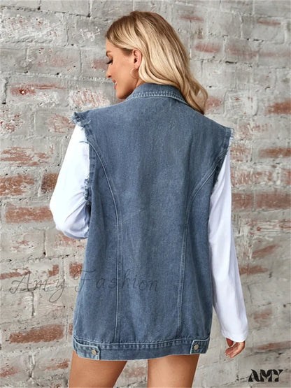 Denim Vest Autumn Washed Sleeveless Waistcoat Casual Baggy Jean Jacket