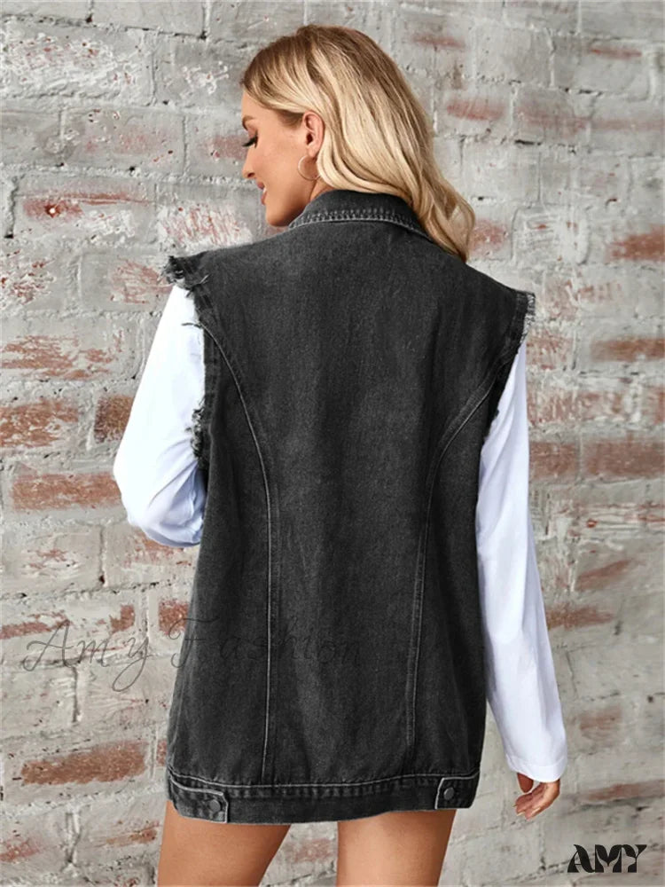 Denim Vest Autumn Washed Sleeveless Waistcoat Casual Baggy Jean Jacket