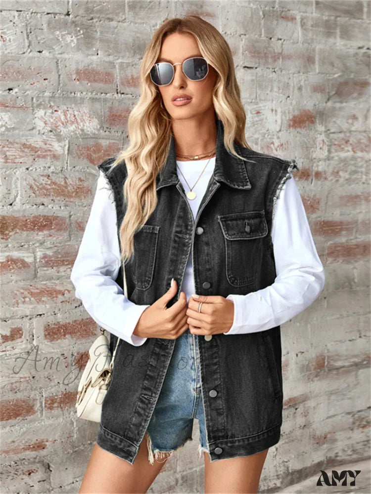 Denim Vest Autumn Washed Sleeveless Waistcoat Casual Baggy Jean Jacket