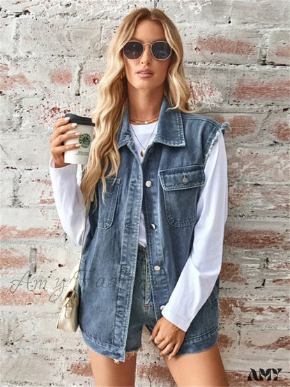 Denim Vest Autumn Washed Sleeveless Waistcoat Casual Baggy Jean Jacket