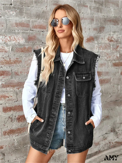 Denim Vest Autumn Washed Sleeveless Waistcoat Casual Baggy Jean Jacket Black Gray / S