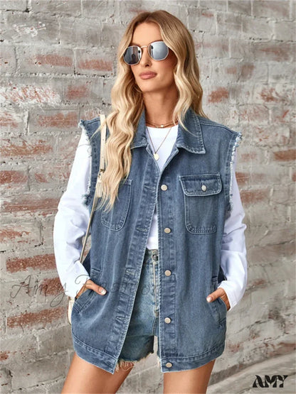 Denim Vest Autumn Washed Sleeveless Waistcoat Casual Baggy Jean Jacket Blue / S