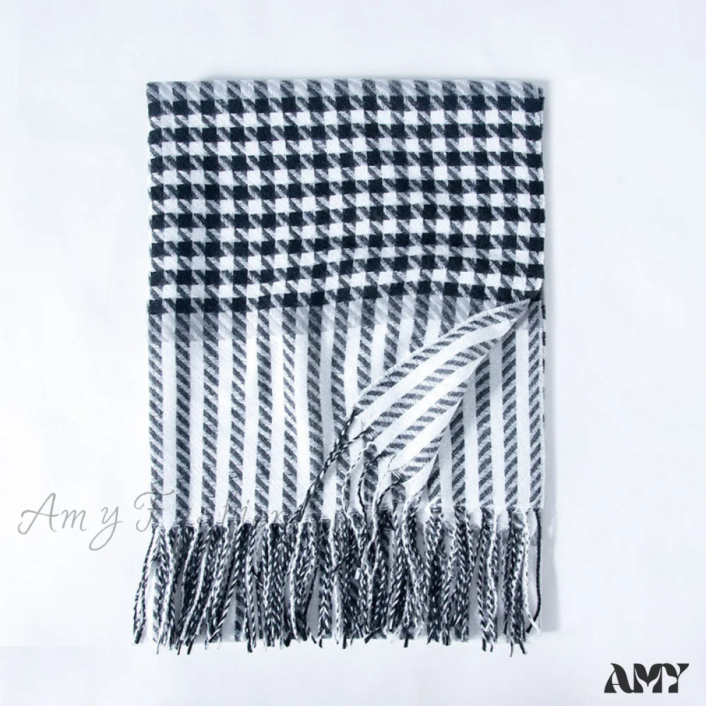 Deqing Silks 2024 New Houndstooth Faux Cashmere Fringe Plaid Winter Warm Stylish Scarf Black And