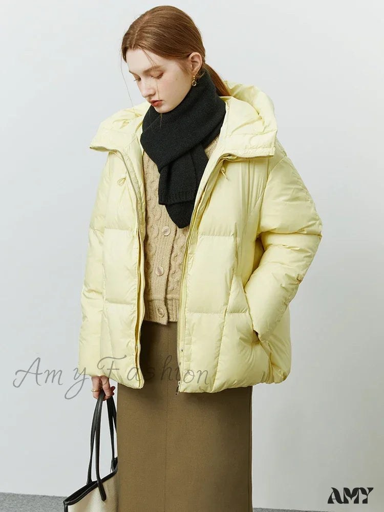 Design Sense Short Hooded White Goose Down Loose Style Bread Female Coat Yellow / S