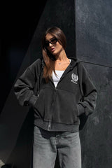 Washed Vintage Zip-Up Letter Embroidery Hoodie