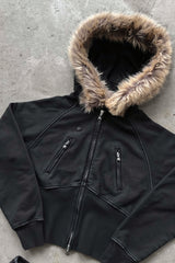 Faux Fur Trim Fitted Cropped Zip Hoodie