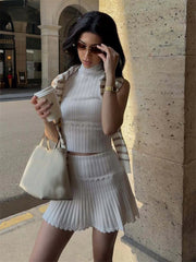 Knitted Pleated Wrap Skirt Two Piece Set