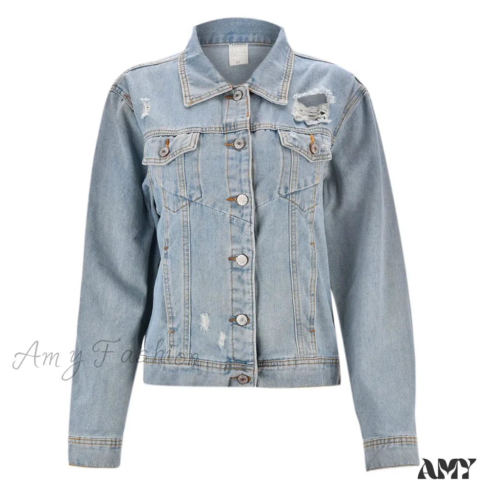 Distressed Ripped Holes Fashionable Casual Water Wash Turn Down Collar Outerwear Jacket