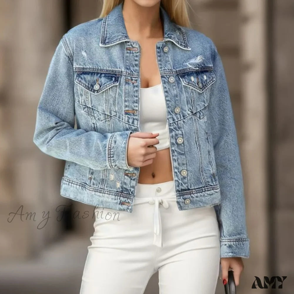 Distressed Ripped Holes Fashionable Casual Water Wash Turn Down Collar Outerwear Jacket Light Blue