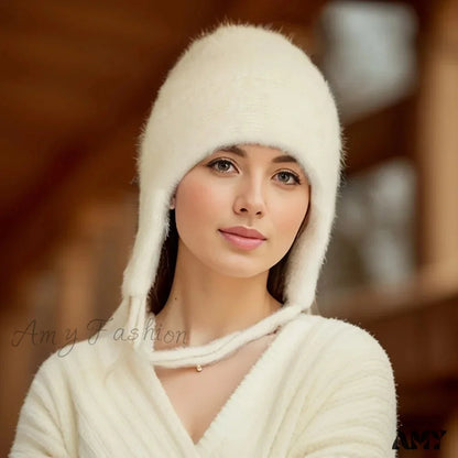 Double Layered Wool Knitted Ear Protection Hat Beige / One Size