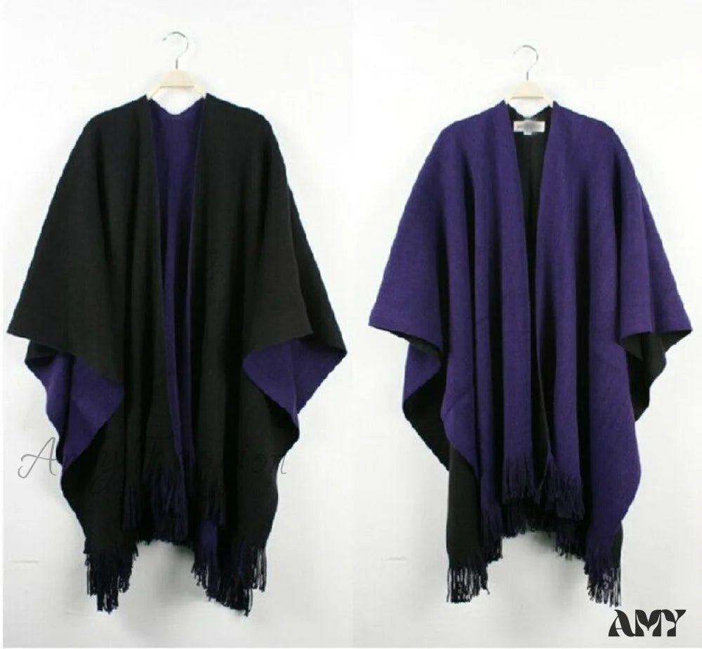 Double-Sided Fashion New Split Trendy Warm Cozy Cape Scarf Purplish Black / 135-175Cm