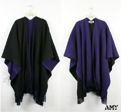 Double-Sided Fashion New Split Trendy Warm Cozy Cape Scarf Purplish Black / 135-175Cm