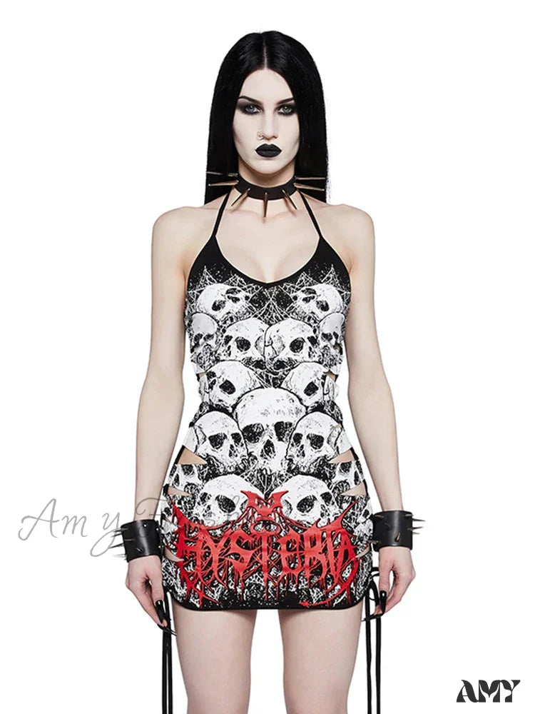 Dress Drawstring Party Punk Y2K Size Out Sleeveless Cami Print Hollow Strap Skull Plus Sling Black