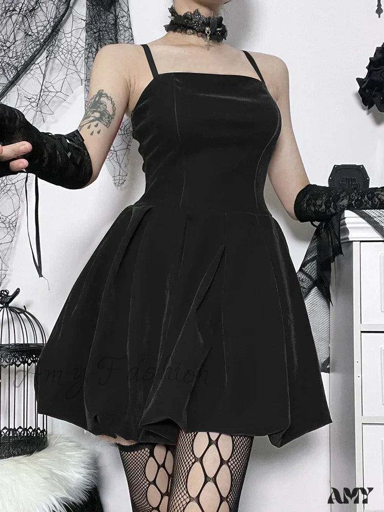 Dress Party High Velvet Shirring Year Solid Straps Elegant Mini Waist A-Line New Spaghetti Black / S