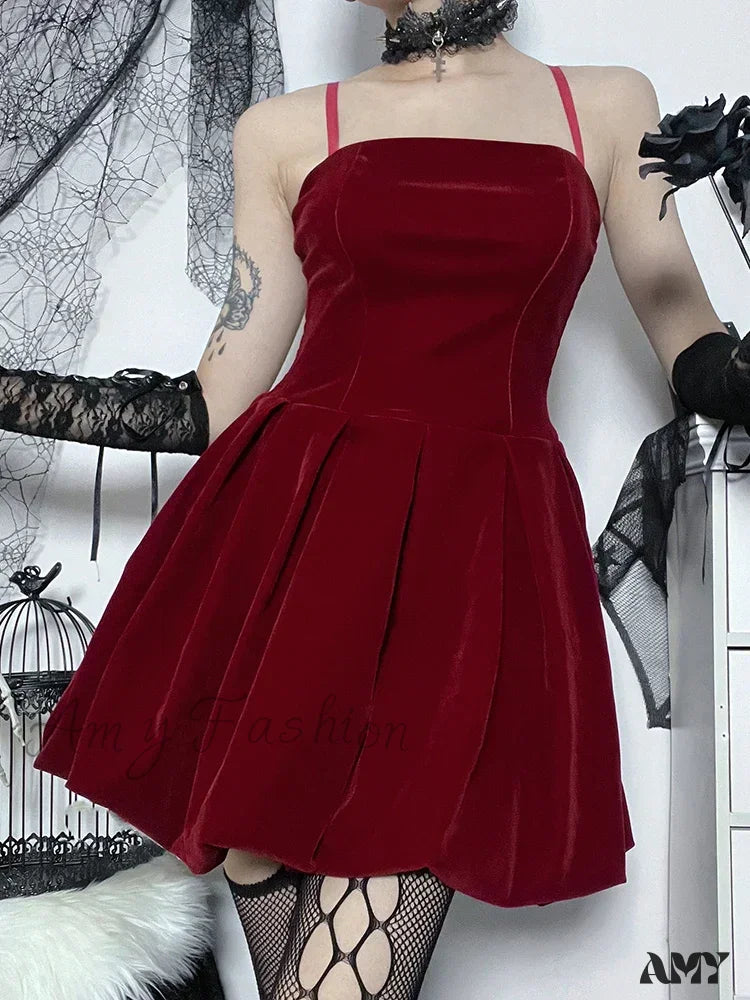 Dress Party High Velvet Shirring Year Solid Straps Elegant Mini Waist A-Line New Spaghetti Red / S