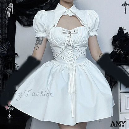 Dress Steampunk Bandage Elegant Ruched Dark Punk Spaghetti Strap Grunge Gothic White Top Set / S