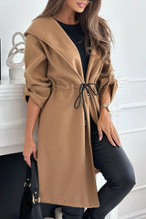 Tie Front Hooded Lapel Long Sleeve Casual Coat