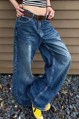 Oversized Washed Star Embroidered Wide Leg Jeans