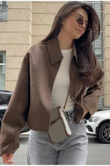 Collared Zipper Wool Loose Short Jacket