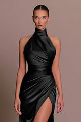 Collared Halter Sleeveless Split Slim Maxi Party Dress