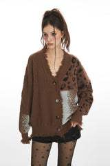 Leopard Print Patchwork V Neck Chic Knit Cardigan